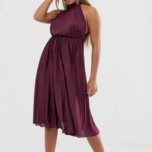 SOLD. ASOS petite plum pleated backless midi dress